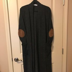 Charcoal grey duster with faux suede elbow patches